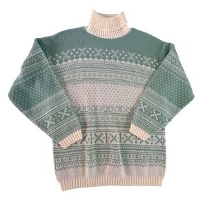Carly Blake Vintage Fair Isle Turtleneck Sweater Cream Green Size M‎